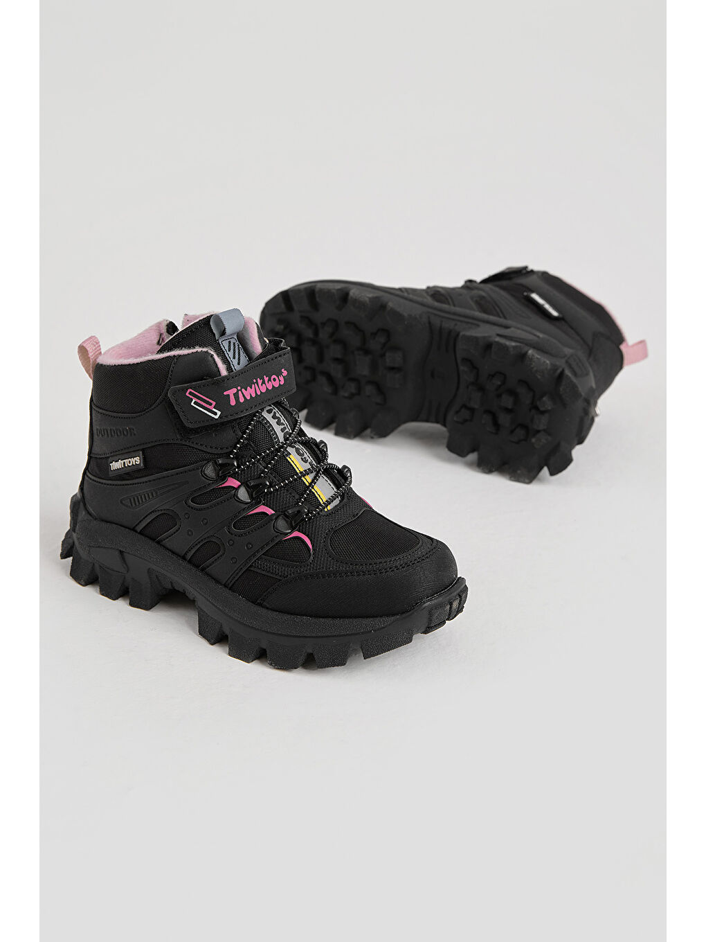 Çocuk Unisex Siyah Pudra Kalın Kauçuk Taban Lastik Bağcıklı Cırtlı Outdoor Trekking Bot