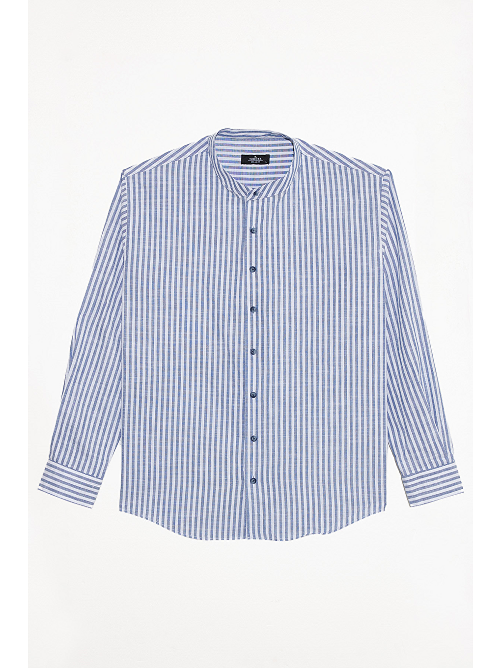 Erkek Relax Fit Rahat Kesim %100 Pamuk Çizgili Uzun Kollu Keten Efektli Hakim Yaka Lacivert Gömlek