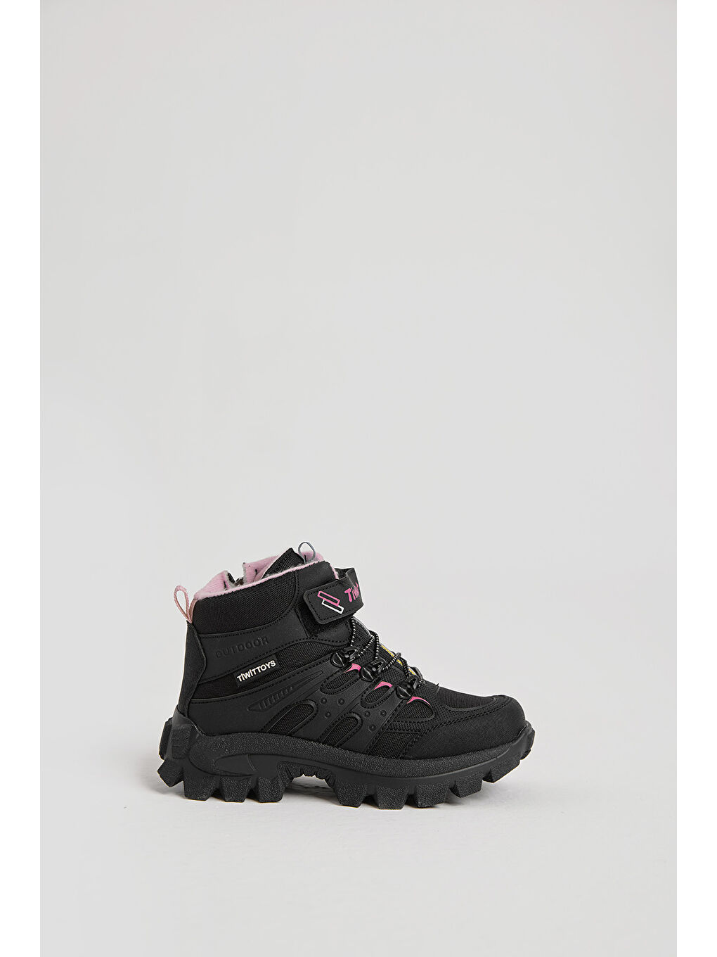 Çocuk Unisex Siyah Pudra Kalın Kauçuk Taban Lastik Bağcıklı Cırtlı Outdoor Trekking Bot-1