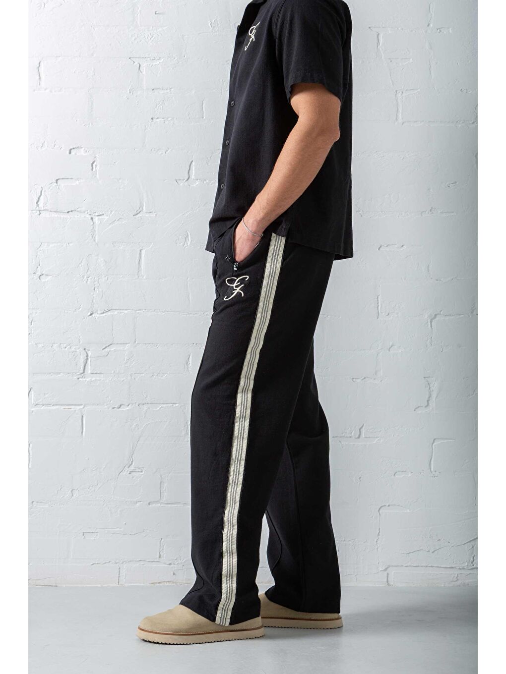 Erkek Keten Görünümlü Şeritli Baggy Fit Pantolon Siyah-3