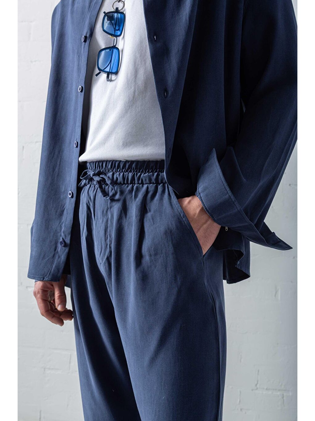 Erkek Baggy Fit Beli Lastikli Pantolon Lacivert-6