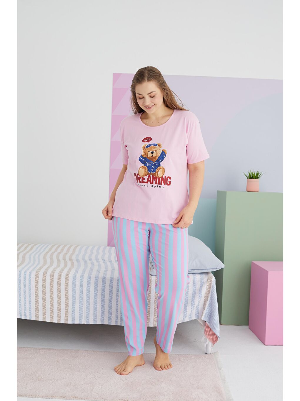 SİYAH İNCİ Açık Pembe Curve Büyük Beden Battal Boy Pamuklu Örme Pijama Takımı