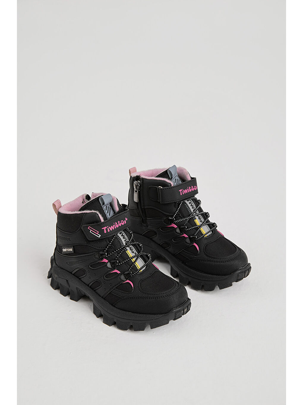 Çocuk Unisex Siyah Pudra Kalın Kauçuk Taban Lastik Bağcıklı Cırtlı Outdoor Trekking Bot-2