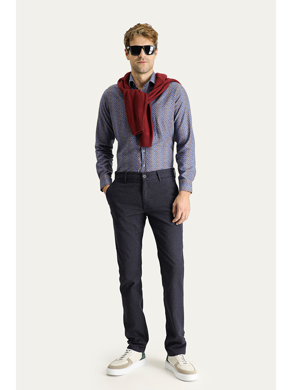 Lacivert Slim Fit Dar Kesim Desenli Elastanlı Kanvas / Chino Pantolon