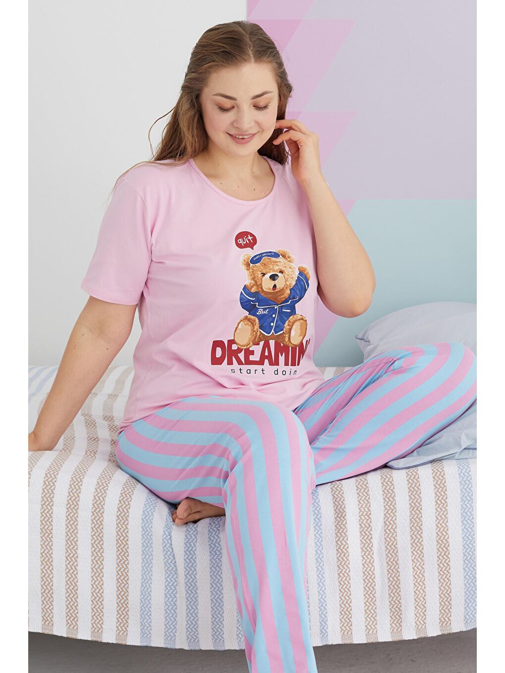 SİYAH İNCİ Açık Pembe Curve Büyük Beden Battal Boy Pamuklu Örme Pijama Takımı - 1