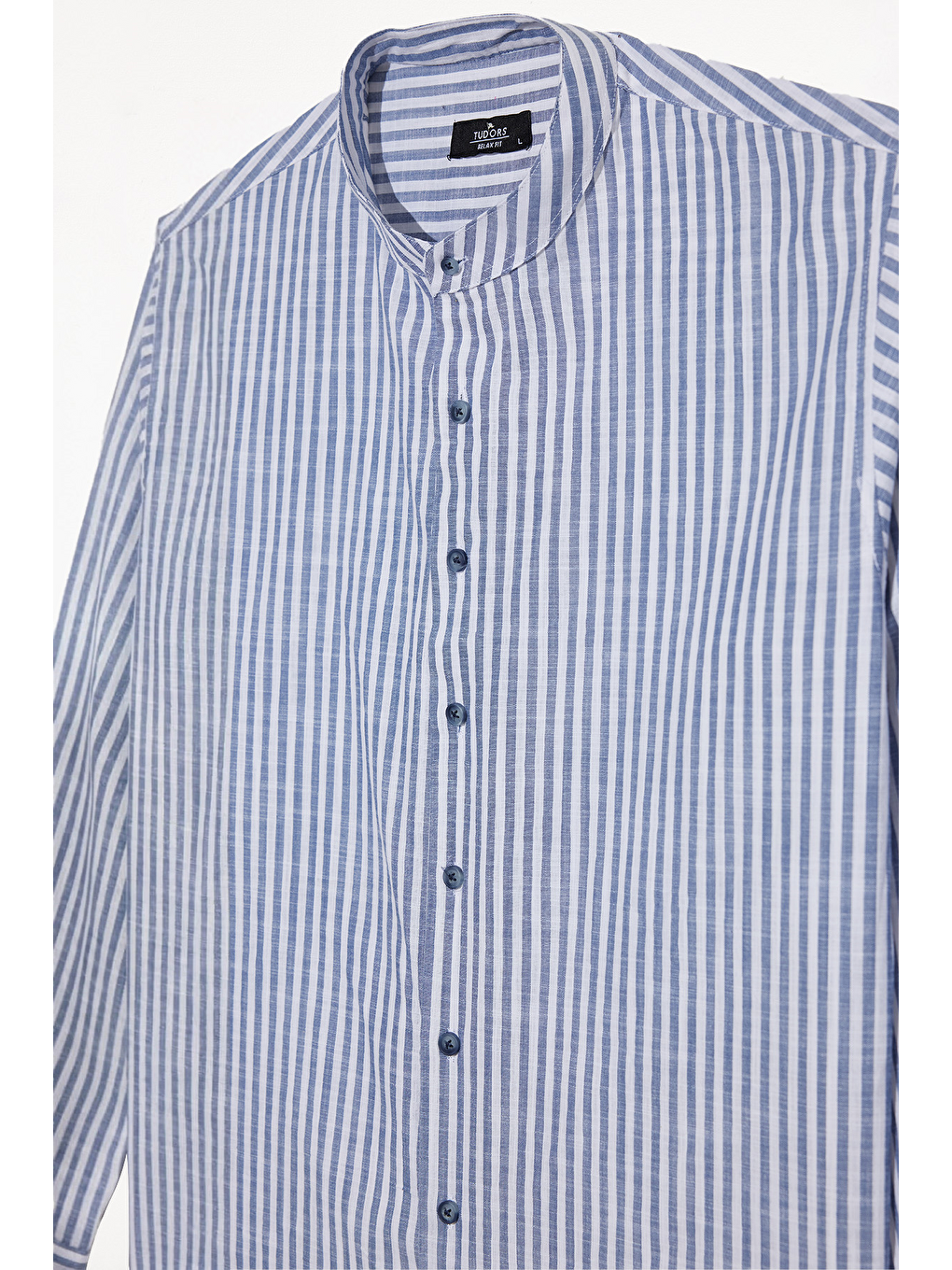 Erkek Relax Fit Rahat Kesim %100 Pamuk Çizgili Uzun Kollu Keten Efektli Hakim Yaka Lacivert Gömlek-1