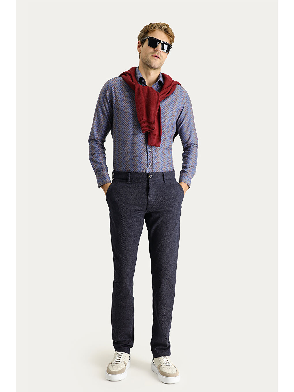 Lacivert Slim Fit Dar Kesim Desenli Elastanlı Kanvas / Chino Pantolon-1