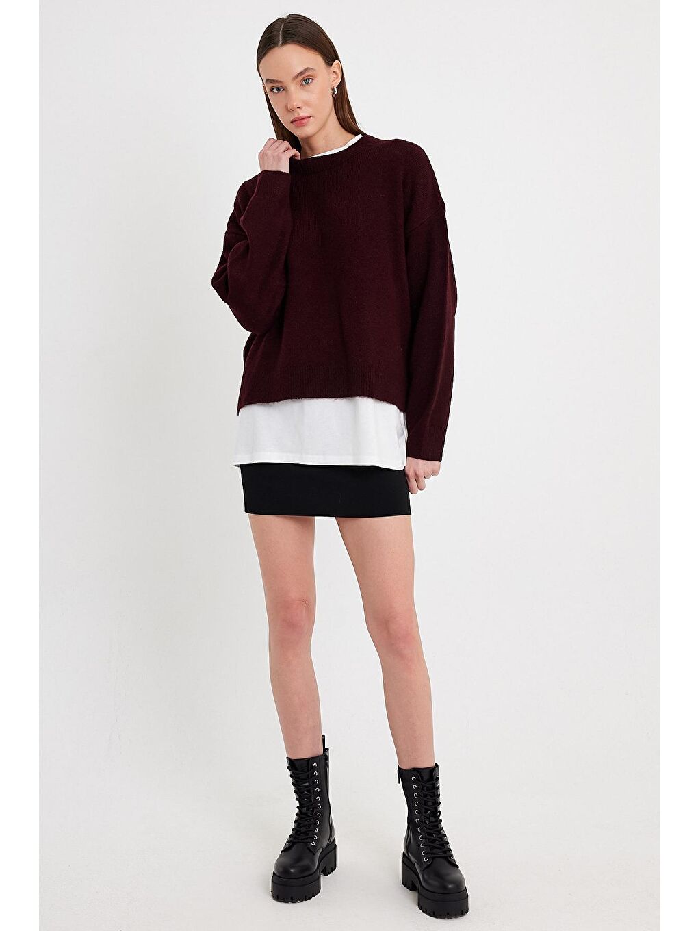 Sherin Bordo Bisiklet Yaka Basic Triko Kazak - 2
