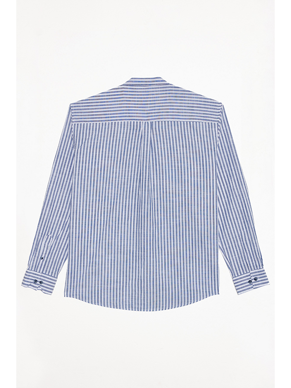 Erkek Relax Fit Rahat Kesim %100 Pamuk Çizgili Uzun Kollu Keten Efektli Hakim Yaka Lacivert Gömlek-2