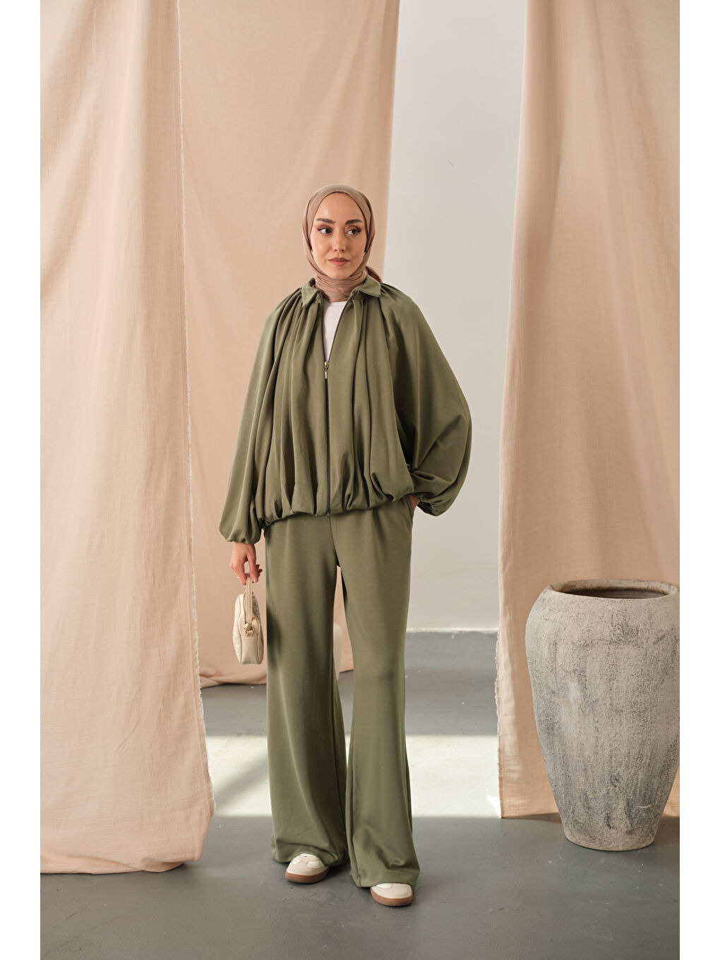 Kadın Yarasa Kol Volanlı Takım Haki Yeşil