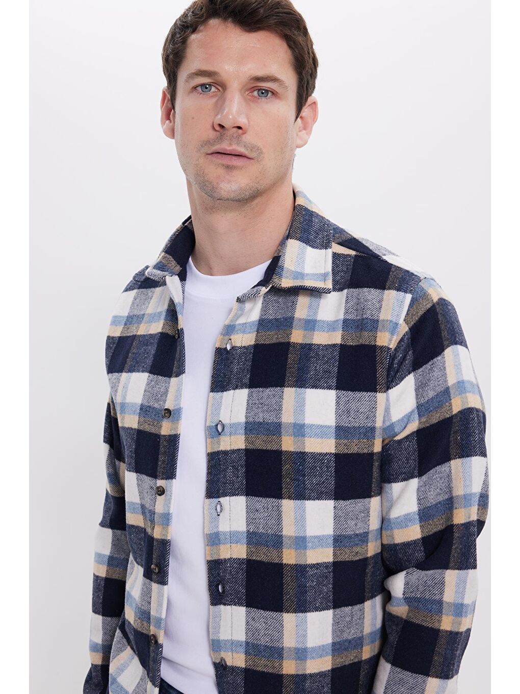 Lacivert Erkek Slim Fit Dar Kesim Kareli Kışlık Oduncu Gömlek-1