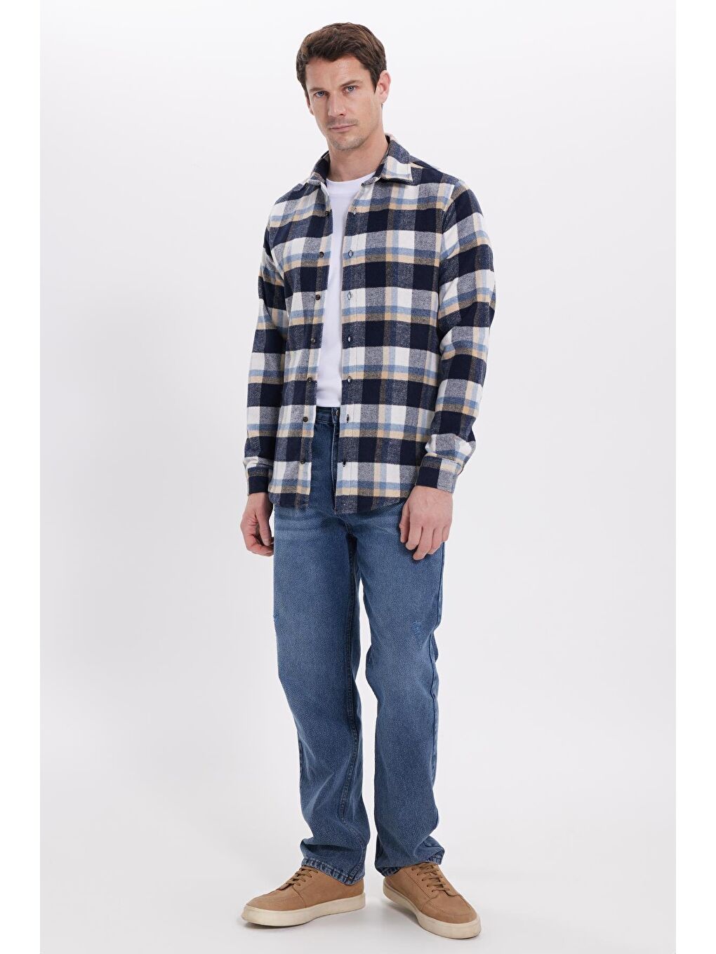 Lacivert Erkek Slim Fit Dar Kesim Kareli Kışlık Oduncu Gömlek-2