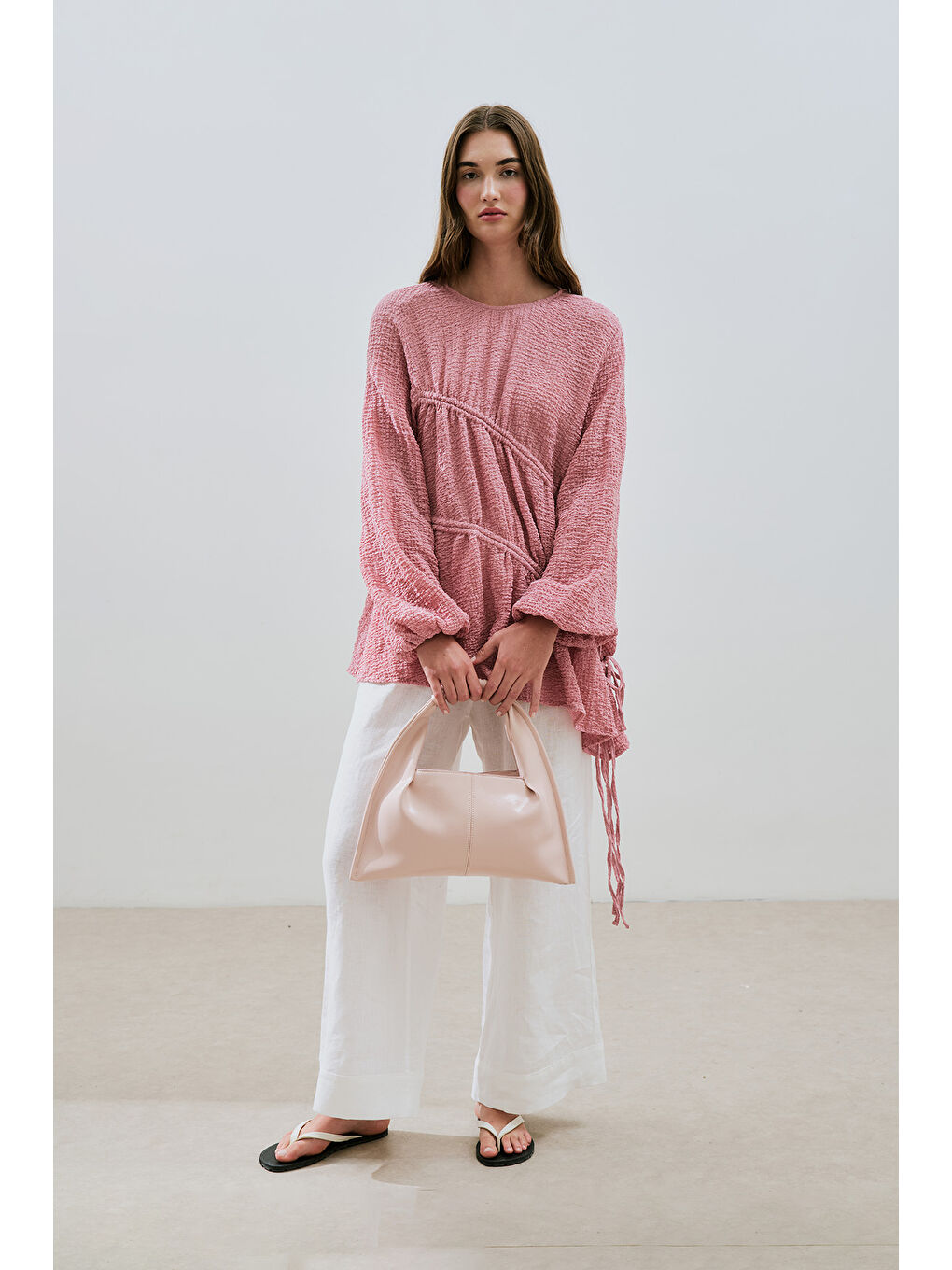 Büzgü Bağlamalı Dokulu Tunik Pembe