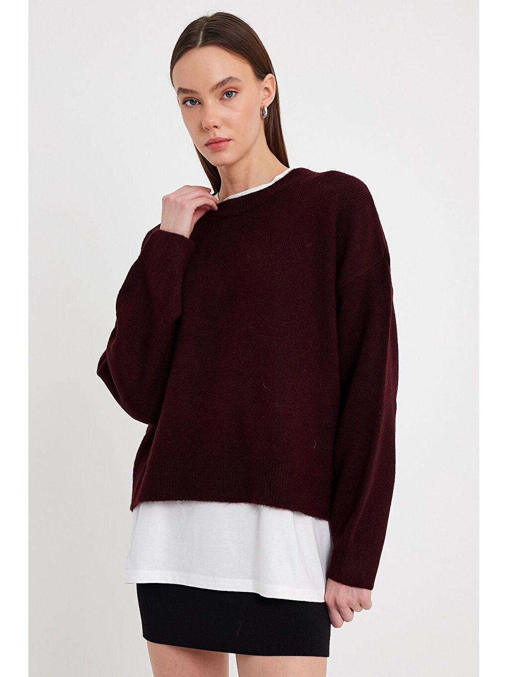 Sherin Bordo Bisiklet Yaka Basic Triko Kazak - 3