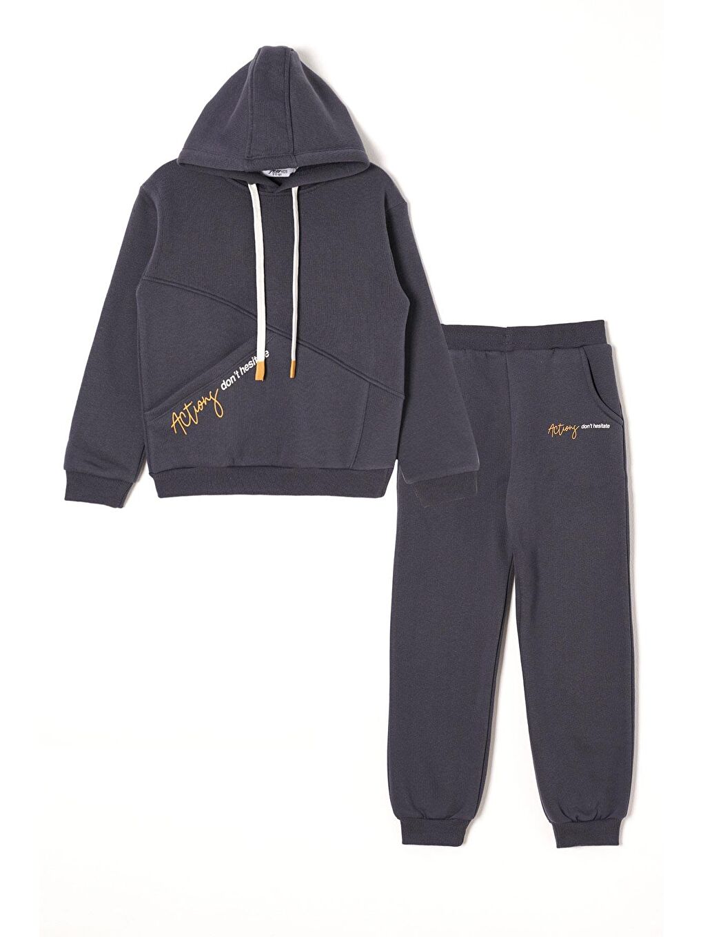 Kapüşonlu Uzun Kol Yazı Baskılı Antrasit Renk Erkek Çocuk Eşofman Takım
