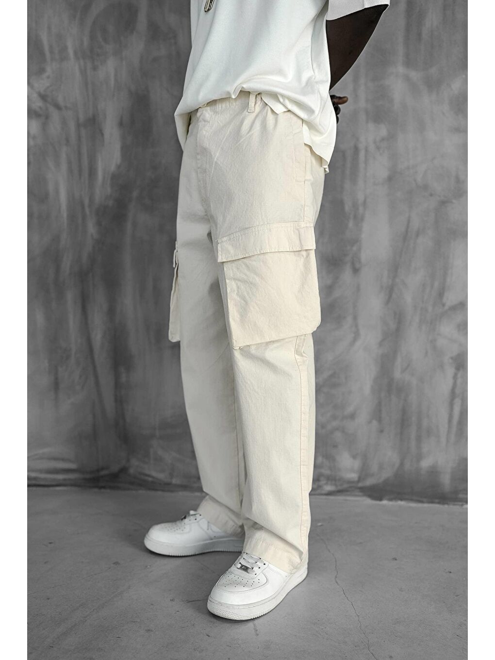 Erkek Kargo Cepli Esnek Baggy Pantolon Açık Bej-1