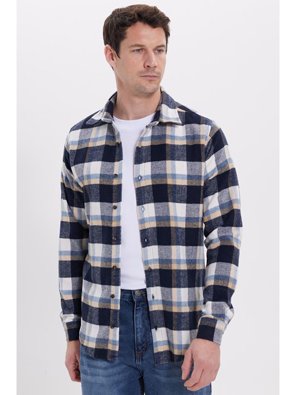 Lacivert Erkek Slim Fit Dar Kesim Kareli Kışlık Oduncu Gömlek-6