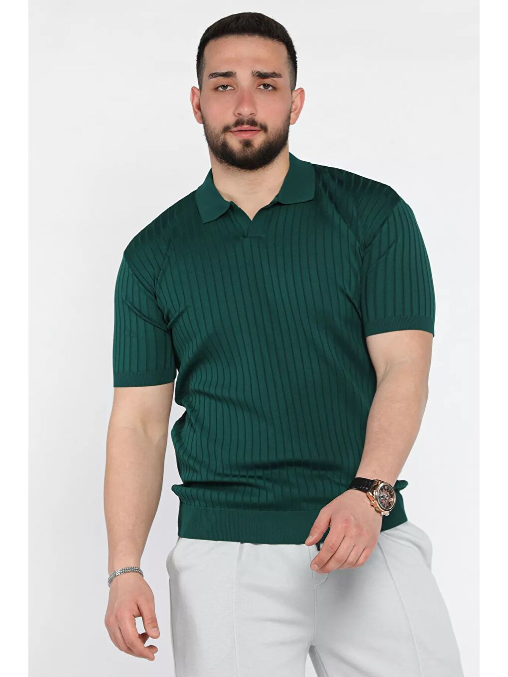 Yeşil Erkek Polo Yaka Kendinden Çizgi Desenli Triko Tişört-1