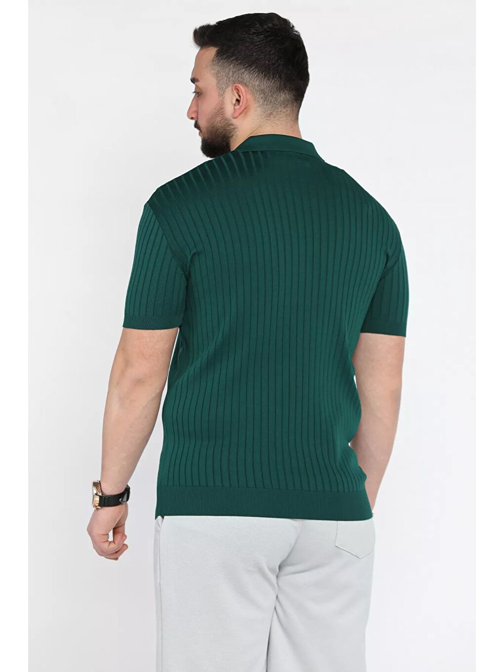 Yeşil Erkek Polo Yaka Kendinden Çizgi Desenli Triko Tişört-2