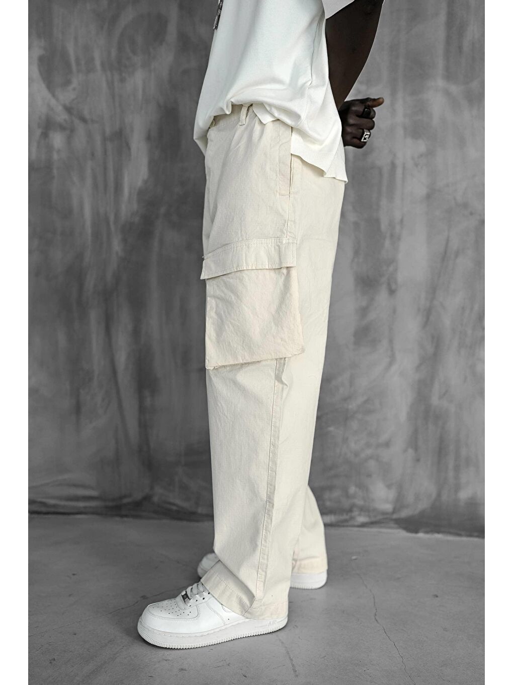 Erkek Kargo Cepli Esnek Baggy Pantolon Açık Bej-2