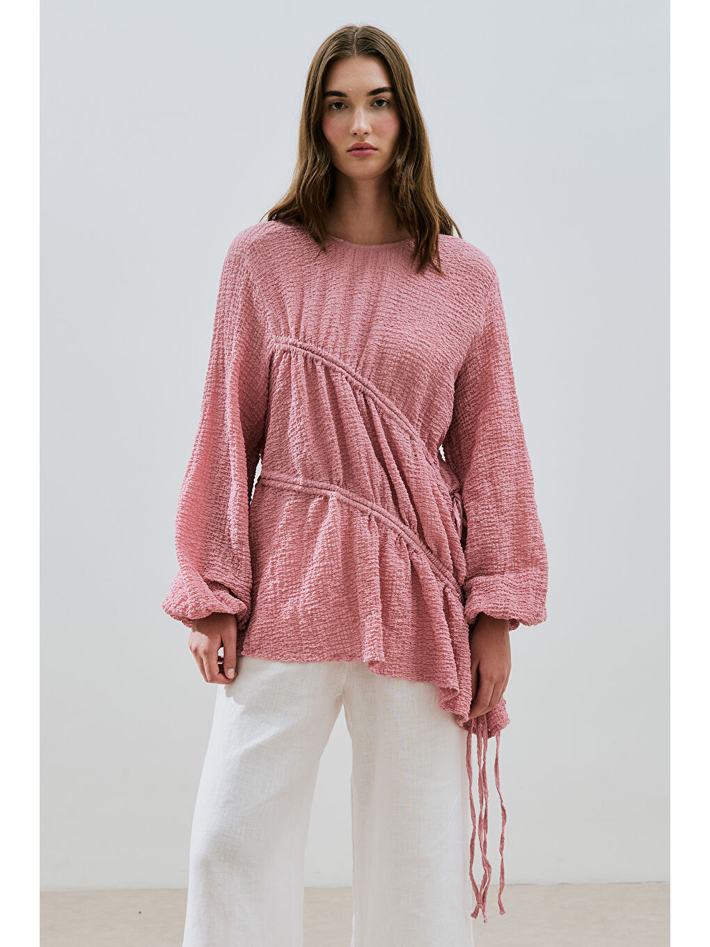 Büzgü Bağlamalı Dokulu Tunik Pembe-1