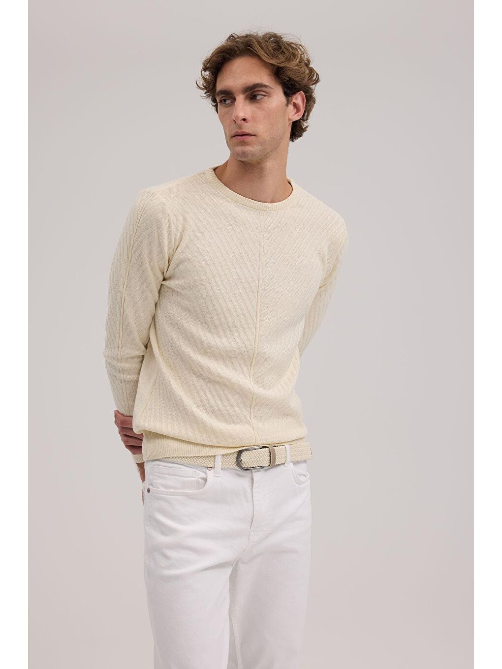 Ekru Bej Slim Fit Desenli Bisiklet Yaka Triko