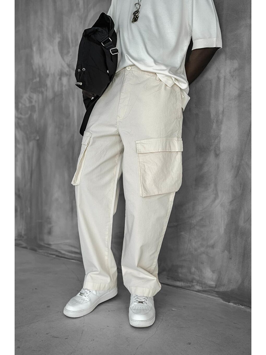 Erkek Kargo Cepli Esnek Baggy Pantolon Açık Bej-3