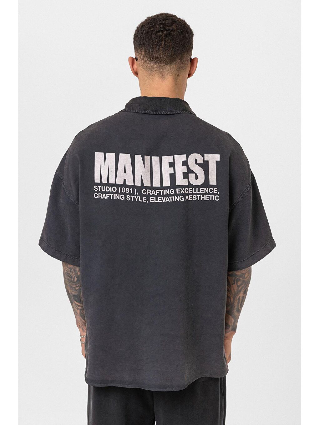 Yıkamalı Oversize Baskılı Kısa Kollu Gömlek Siyah-5