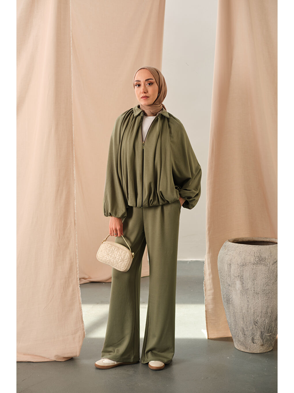 Kadın Yarasa Kol Volanlı Takım Haki Yeşil-1