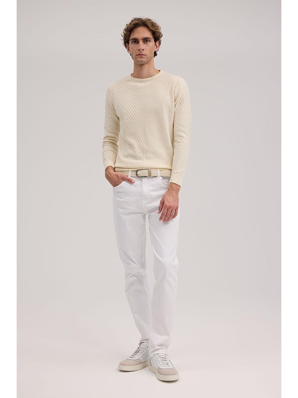 Ekru Bej Slim Fit Desenli Bisiklet Yaka Triko-1