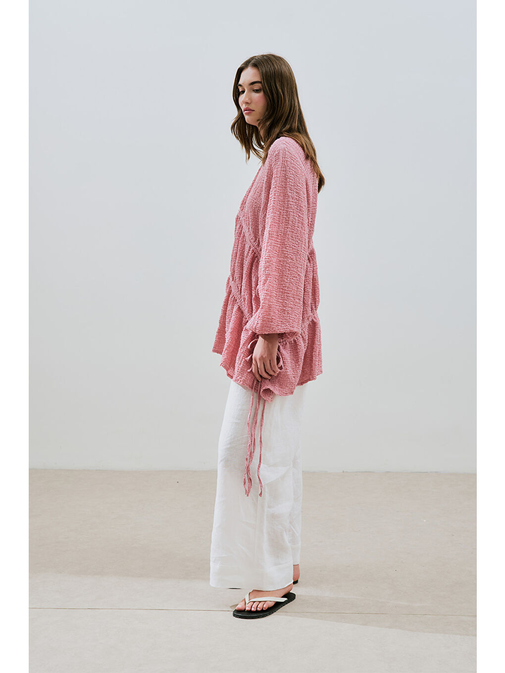 Büzgü Bağlamalı Dokulu Tunik Pembe-2