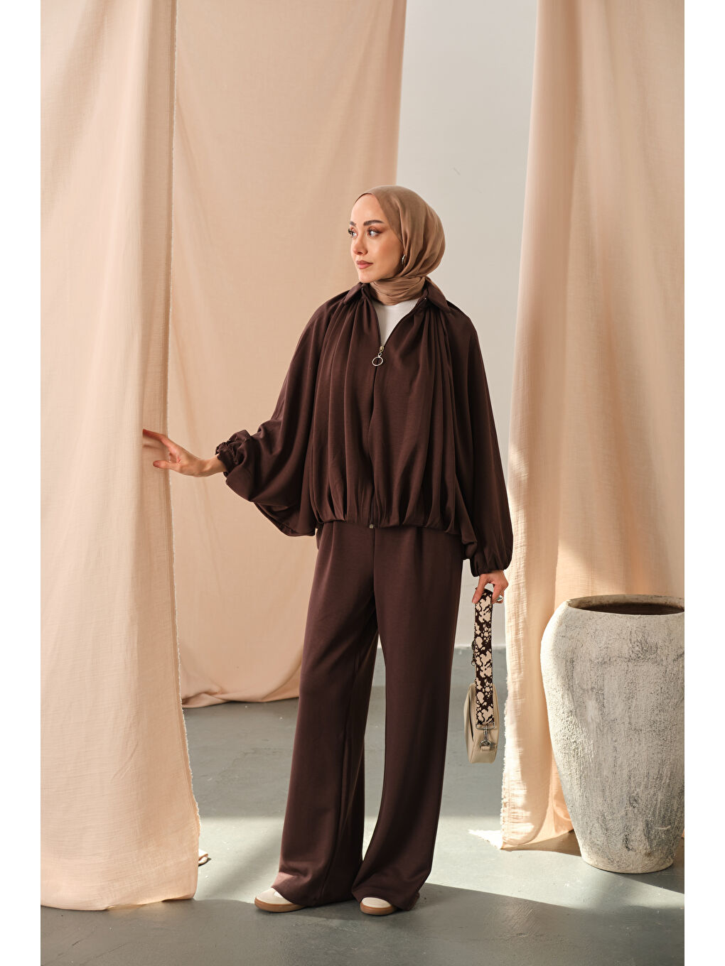Kadın Yarasa Kol Volanlı Takım Kahverengi-1