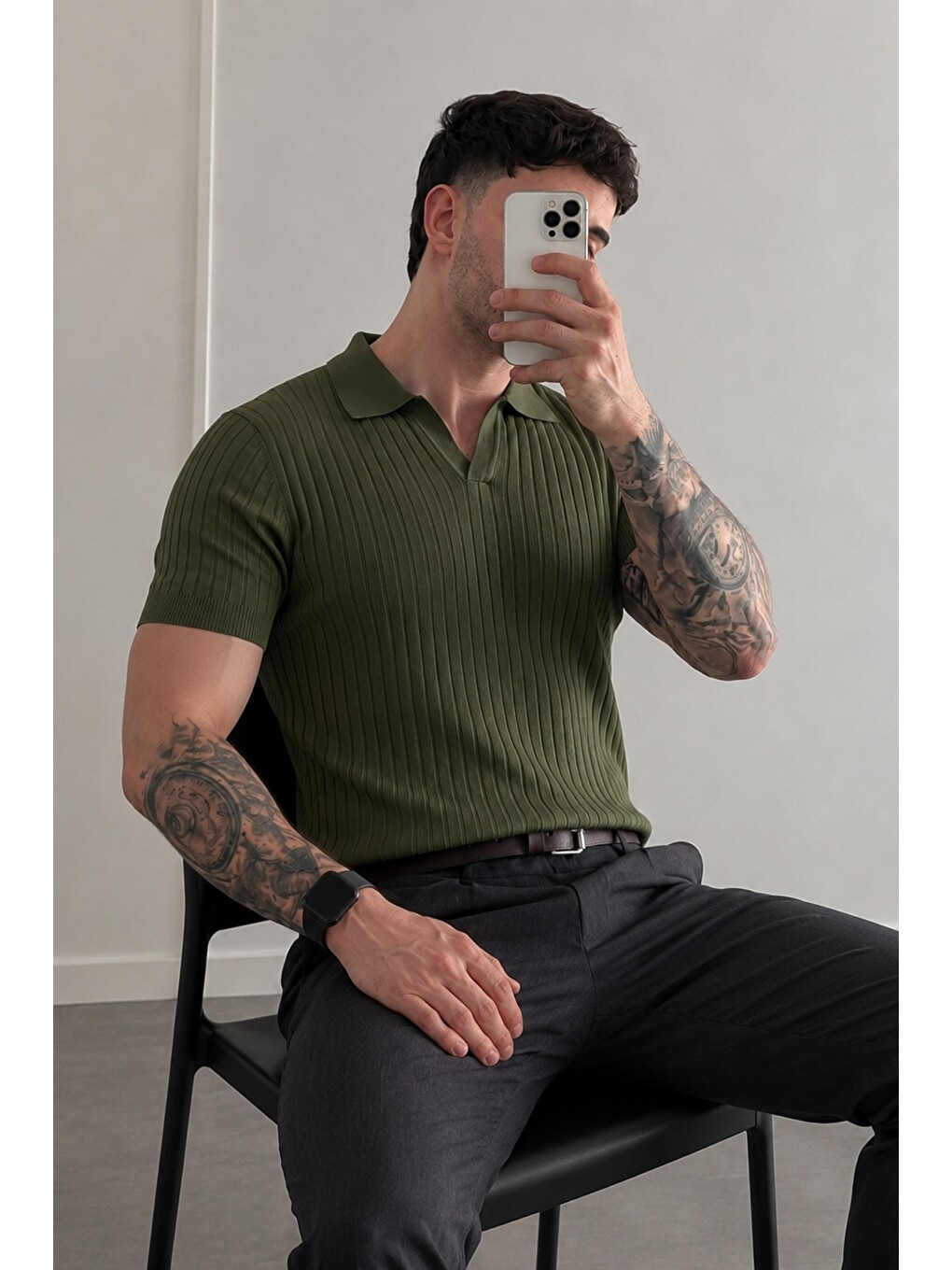 Haki Premium Fitilli Triko Polo Yaka Erkek Old Money T-Shirt-1