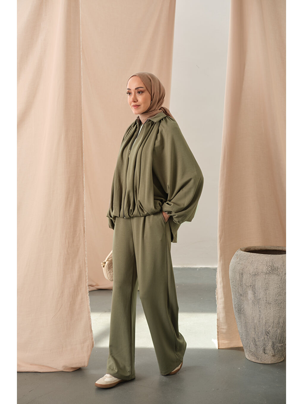 Kadın Yarasa Kol Volanlı Takım Haki Yeşil-2