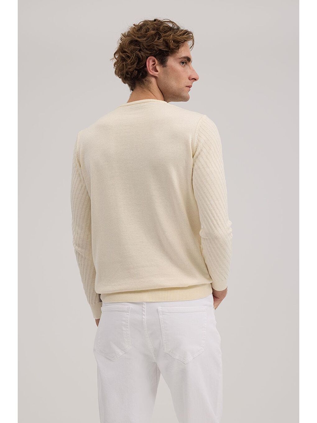 Ekru Bej Slim Fit Desenli Bisiklet Yaka Triko-3