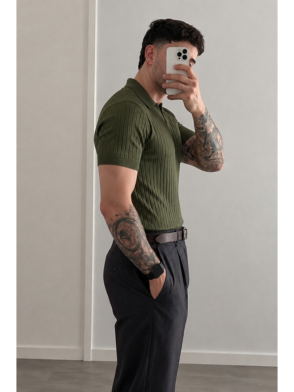 Haki Premium Fitilli Triko Polo Yaka Erkek Old Money T-Shirt-2