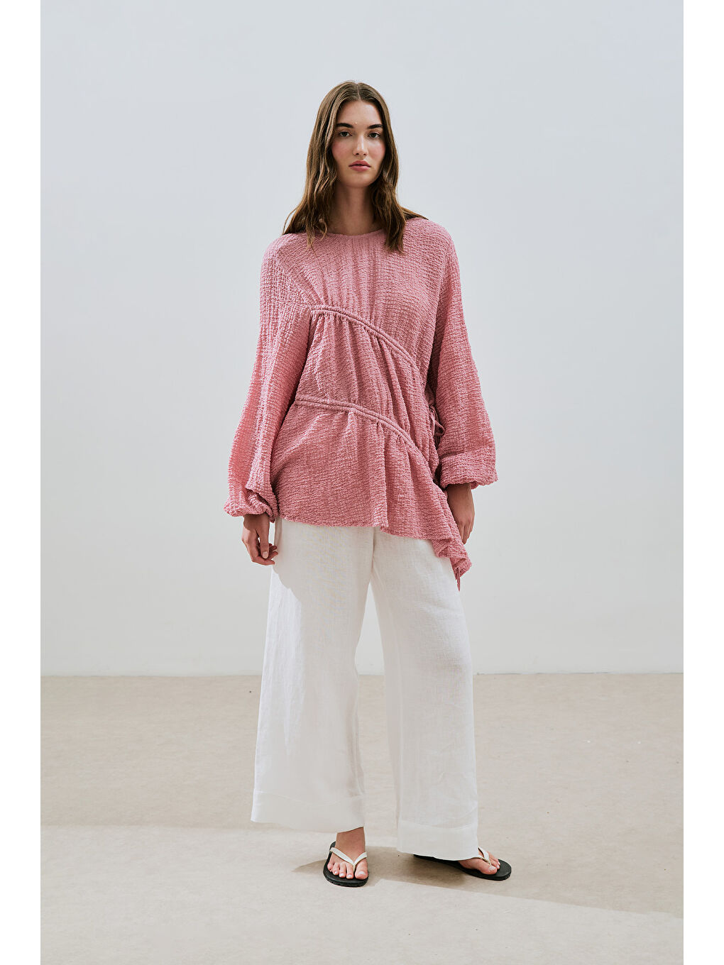 Büzgü Bağlamalı Dokulu Tunik Pembe-3