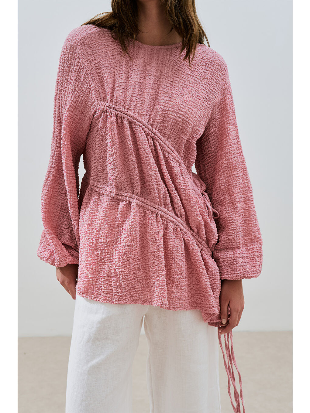 Büzgü Bağlamalı Dokulu Tunik Pembe-4