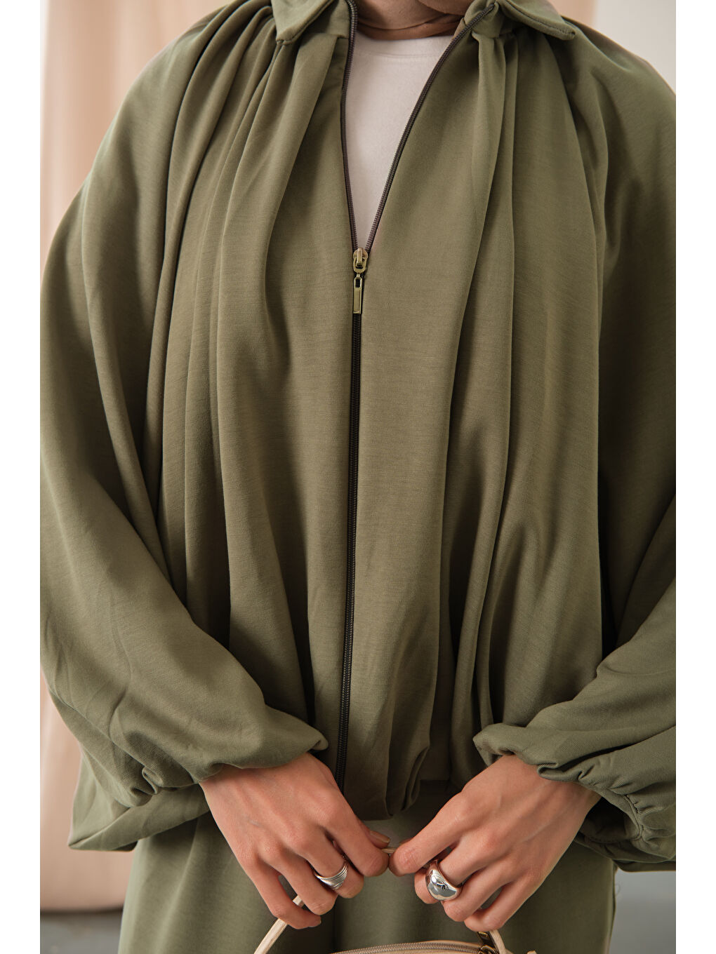 Kadın Yarasa Kol Volanlı Takım Haki Yeşil-3