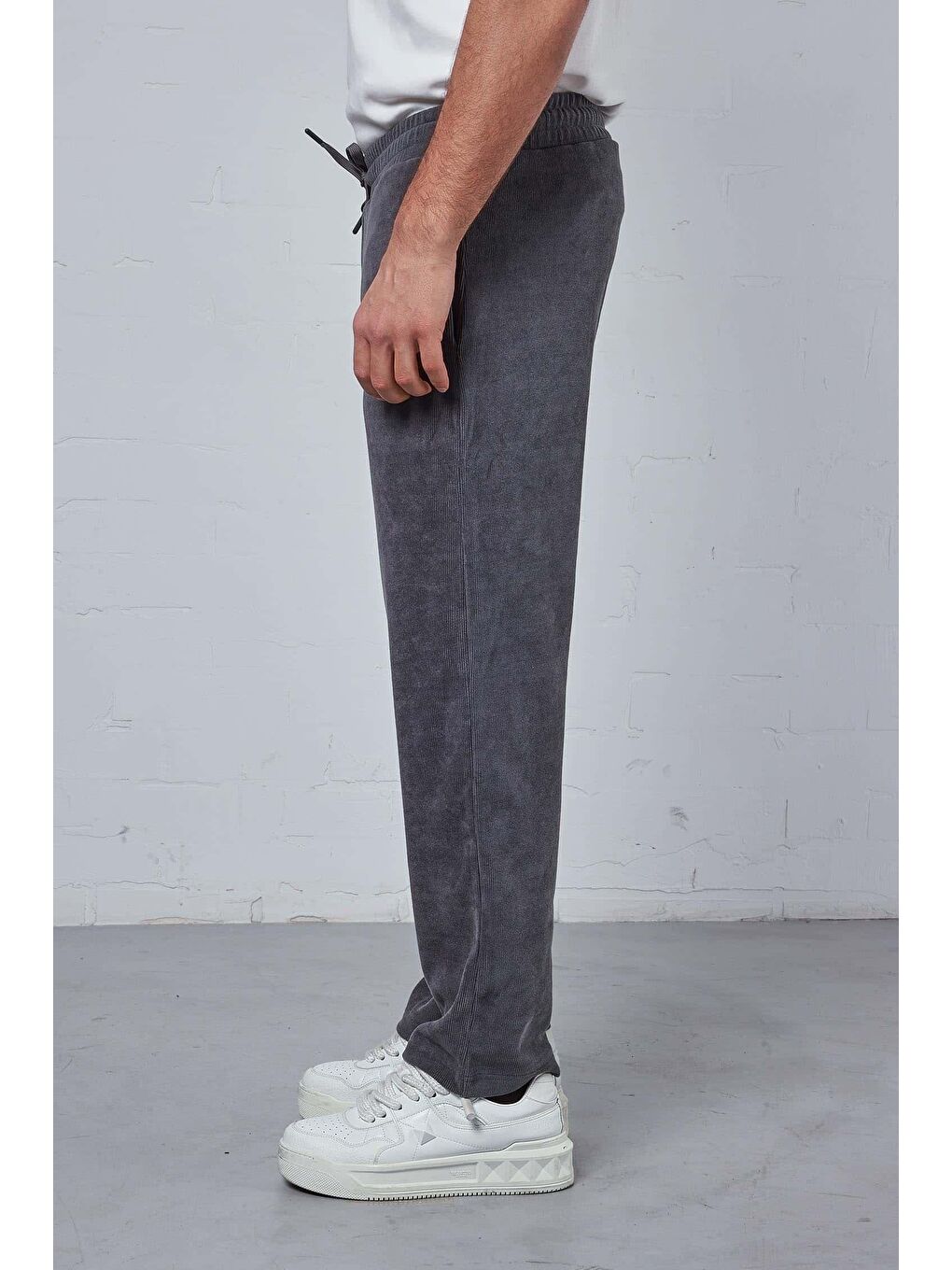 Gri Erkek Regular Fit Fitilli Beli Lastikli Pantolon Füme-4
