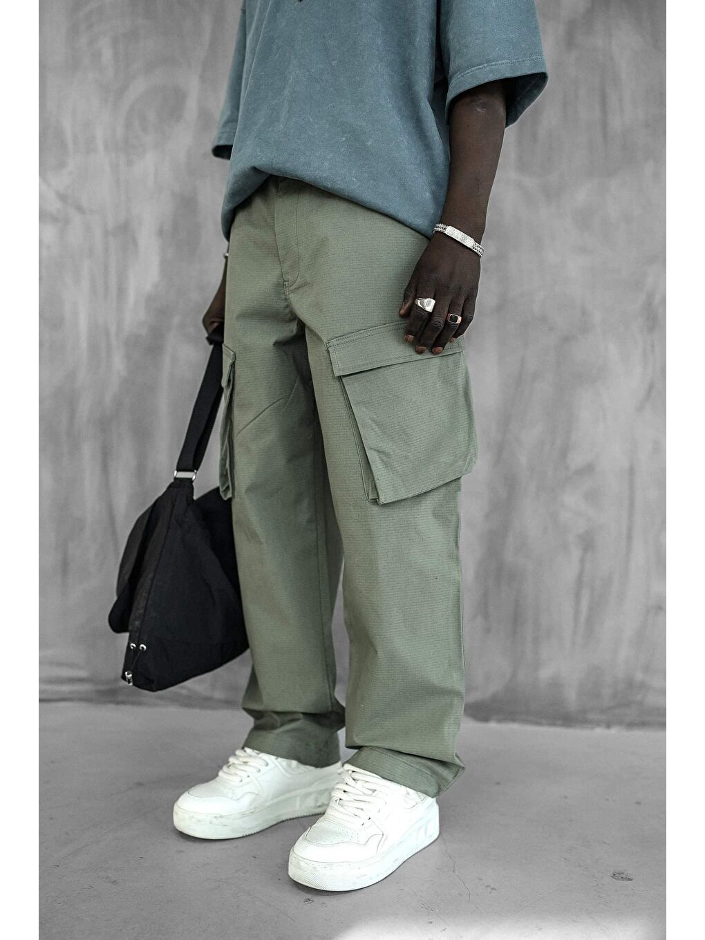 Erkek Kargo Cepli Esnek Baggy Pantolon Yeşil-1