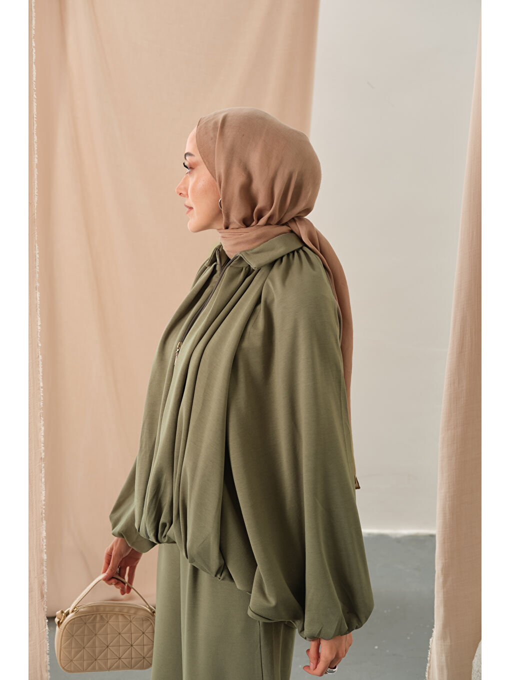 Kadın Yarasa Kol Volanlı Takım Haki Yeşil-4