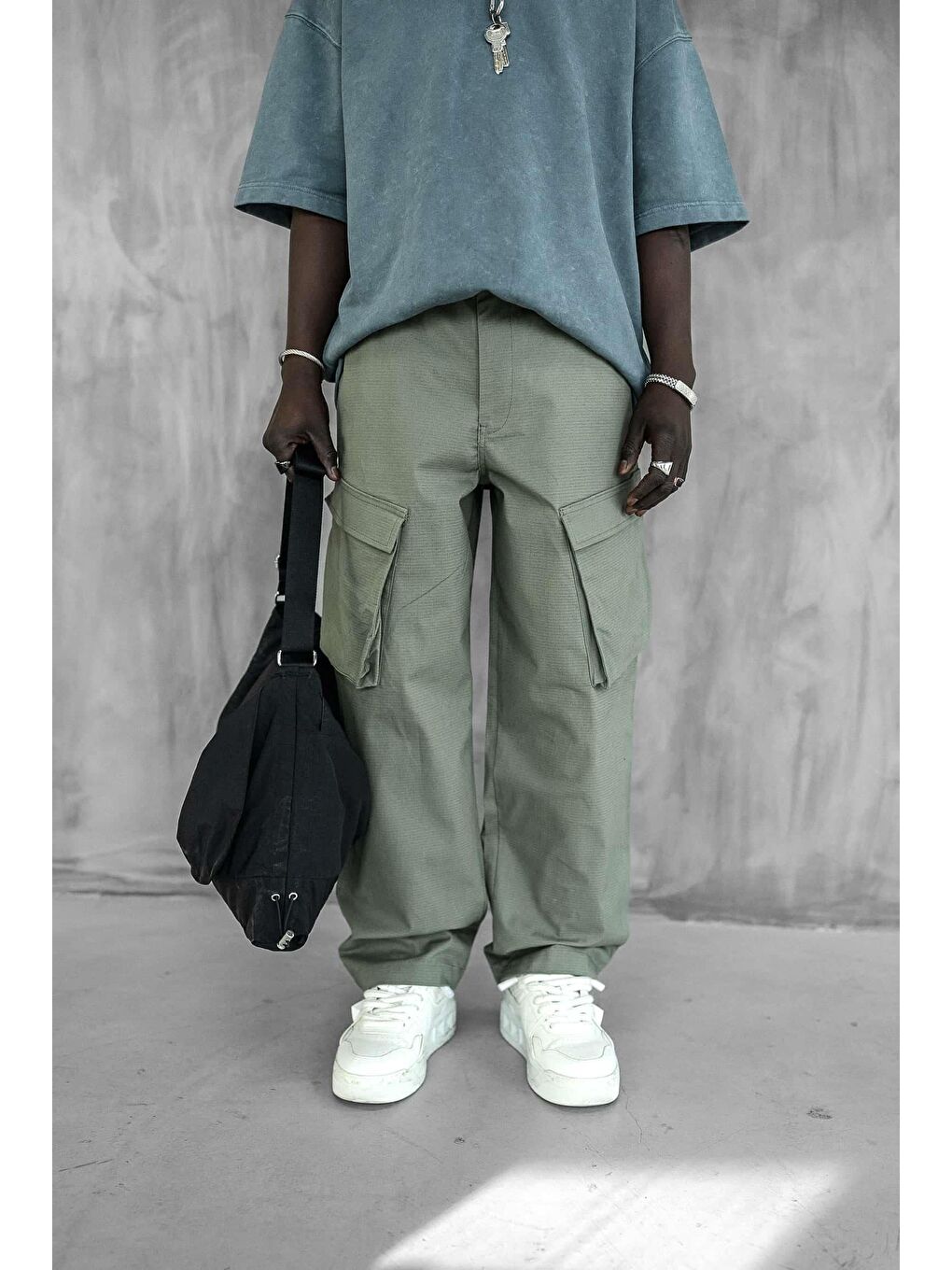 Erkek Kargo Cepli Esnek Baggy Pantolon Yeşil-3
