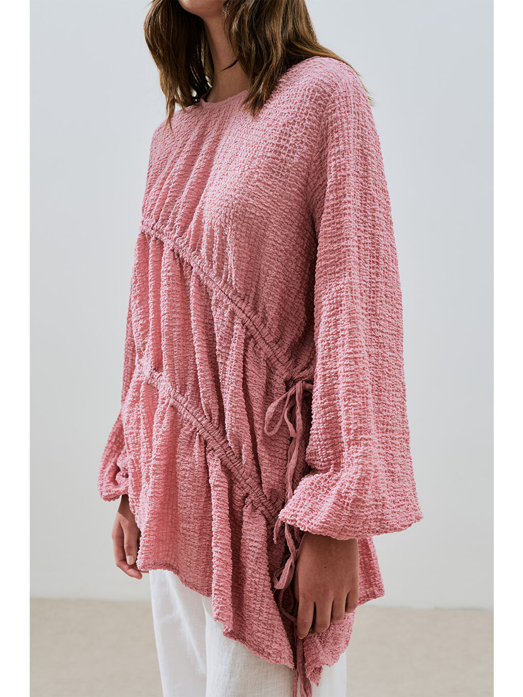 Büzgü Bağlamalı Dokulu Tunik Pembe-5