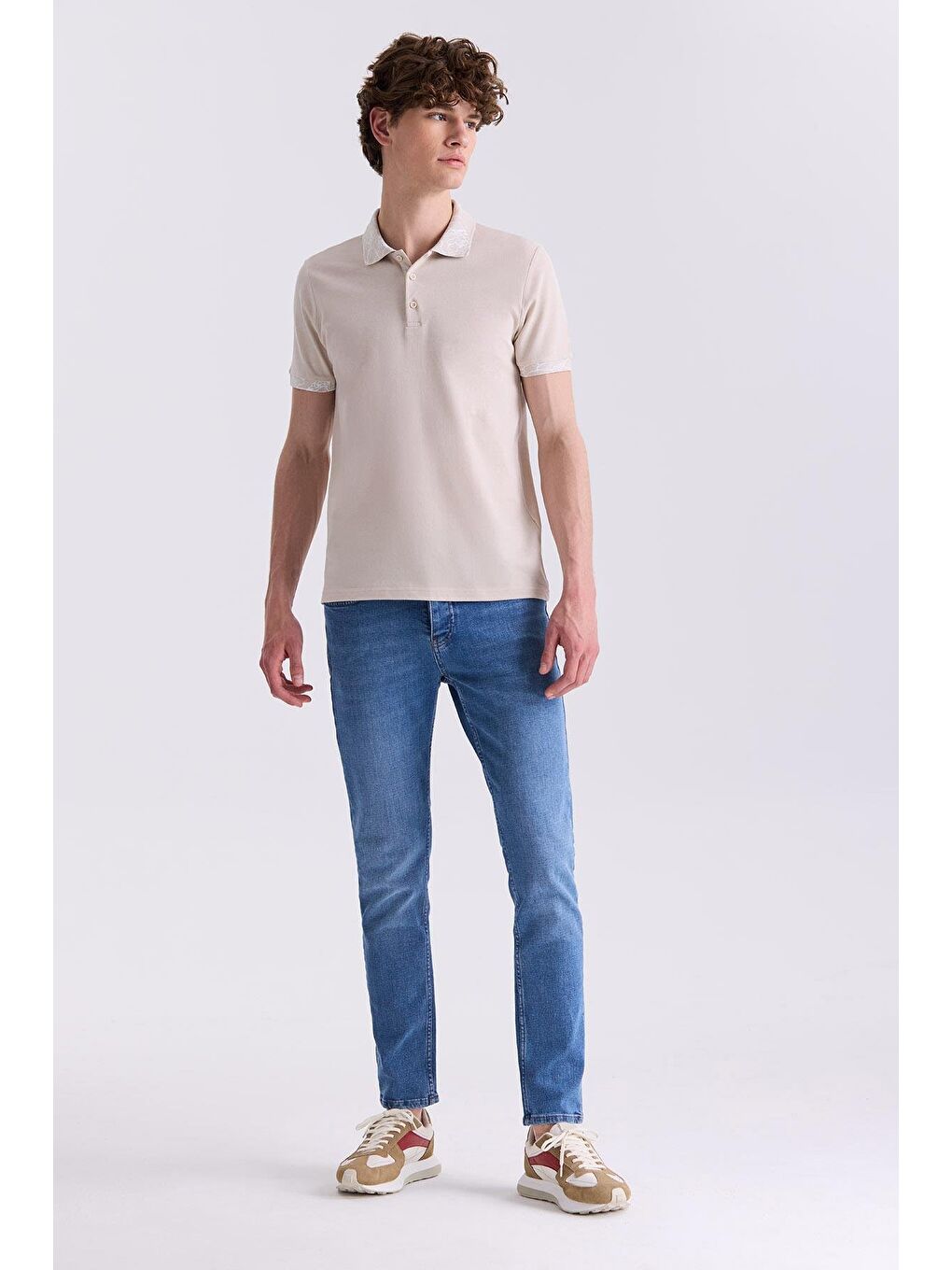 Bej Slim Fit Baskılı Polo Yaka T-Shirt-1