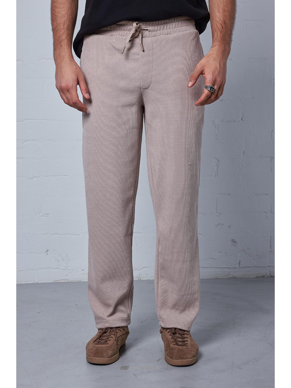 Erkek Regular Fit Fitilli Beli Lastikli Pantolon Bej