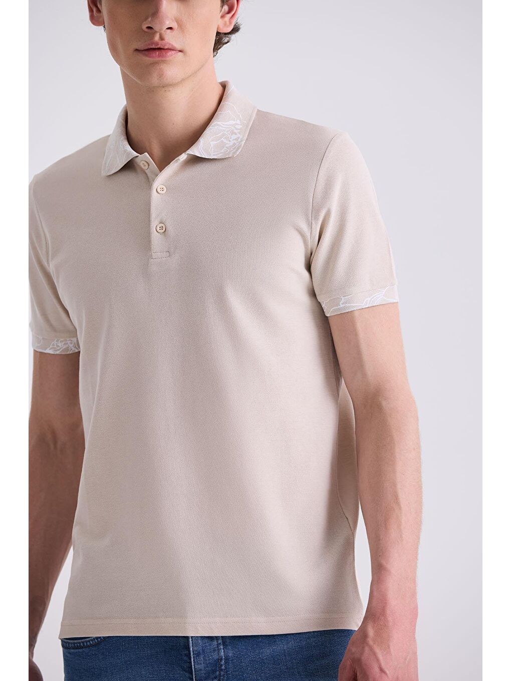 Bej Slim Fit Baskılı Polo Yaka T-Shirt-2
