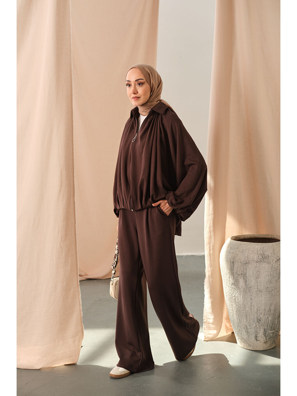 Kadın Yarasa Kol Volanlı Takım Kahverengi-4