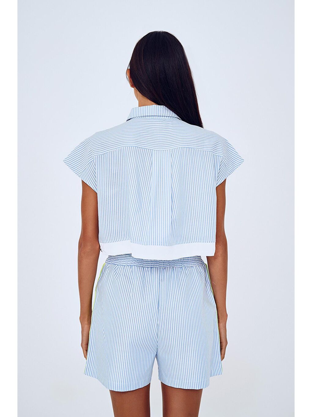 Neon Yazılı Çizgili Crop Kolsuz Gömlek Mavi-4