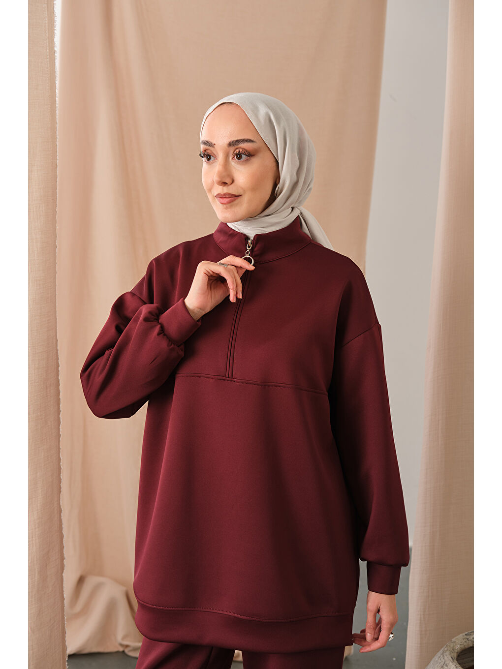 Kadın Yarım Fermuarlı Takım Bordo-1